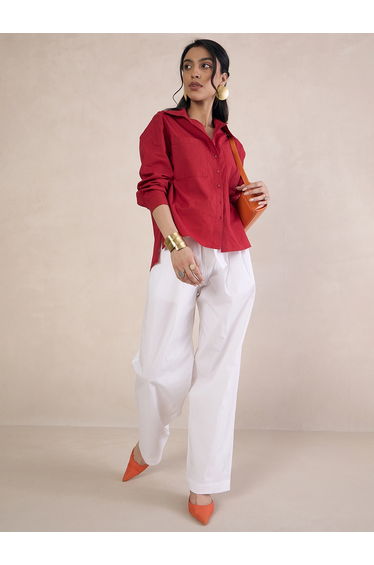 Women Red Poplin Oversized Shirt