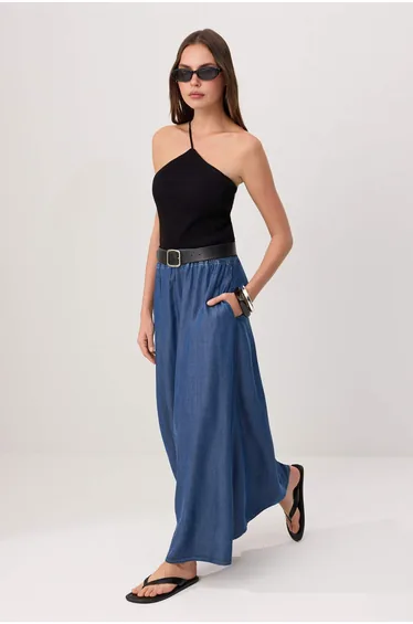 Blue Drapey Fine Fabric Maxi D Denim Skirt
