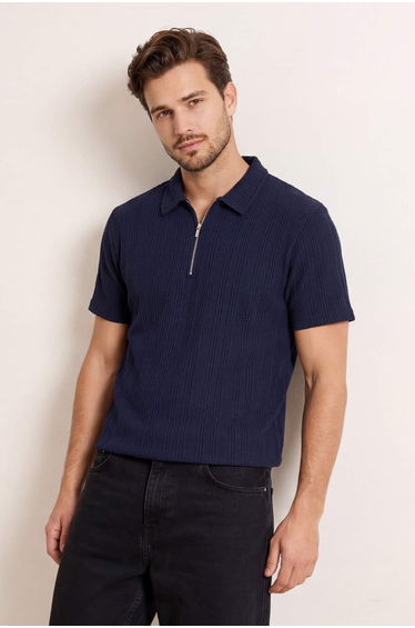 Navy Blue Regular Zippered Textured Knitted Polo Neck T-Shirt