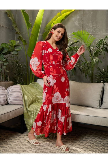 Red Floral Print Balloon Sleeve Midi Dress