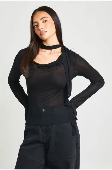 Sheer Knit Tie Cowl Neck Top - black
