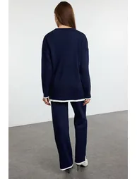 Navy Blue Wide Cut Contrast Color Knitwear Bottom-Top Set - 4