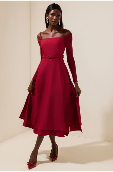 Solid Jersey Square Collar Slit Midi Dress With Belt