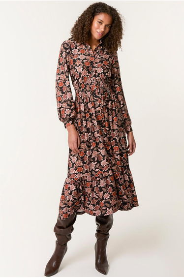 Floral Printed Shirred Waist Midi Shirt Dress