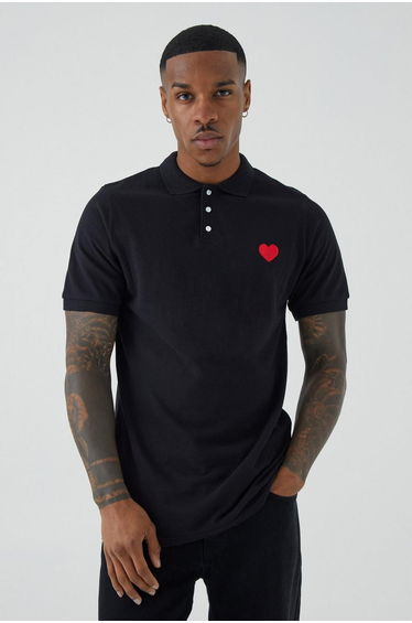 Slim Fit Heart Short Sleeve Pique Polo - black