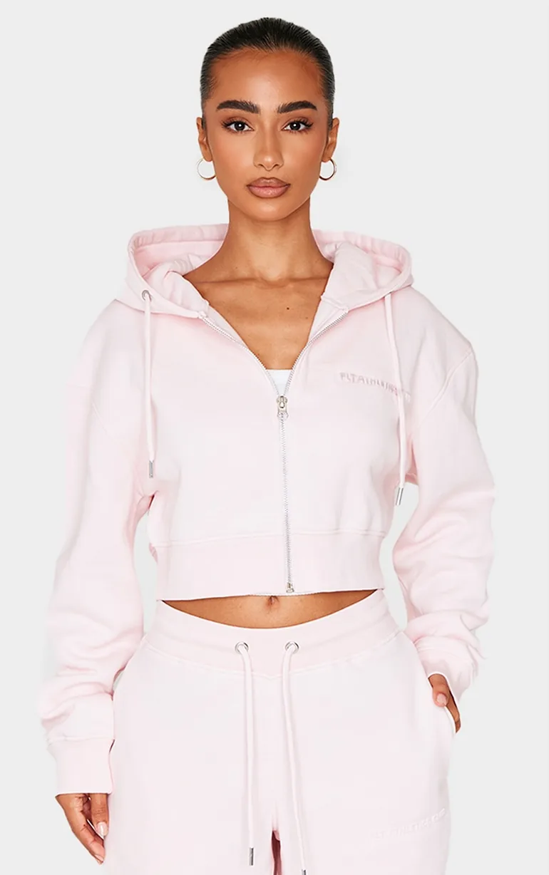 Petite Baby Pink Zip Up Embossed Detail Crop Hoodie