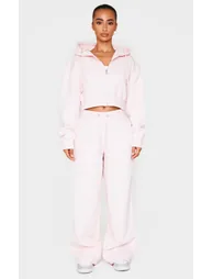Petite Baby Pink Zip Up Embossed Detail Crop Hoodie