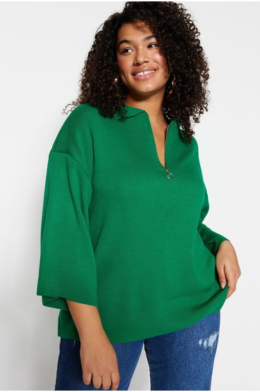 Plus Green Zipper Detailed Knitwear Sweater
