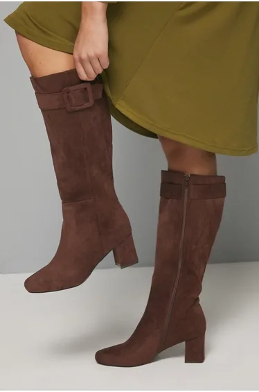 Hawthorn Faux Suede Covered Buckle Detail Square Toe Medium Block Heel Knee Boots