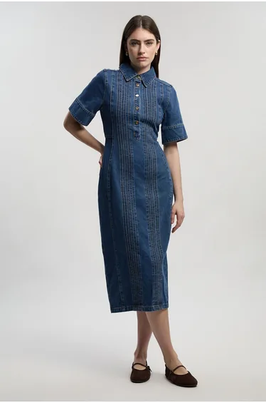 Petite Denim Corset Stitch Detail Pencil Midi Dress