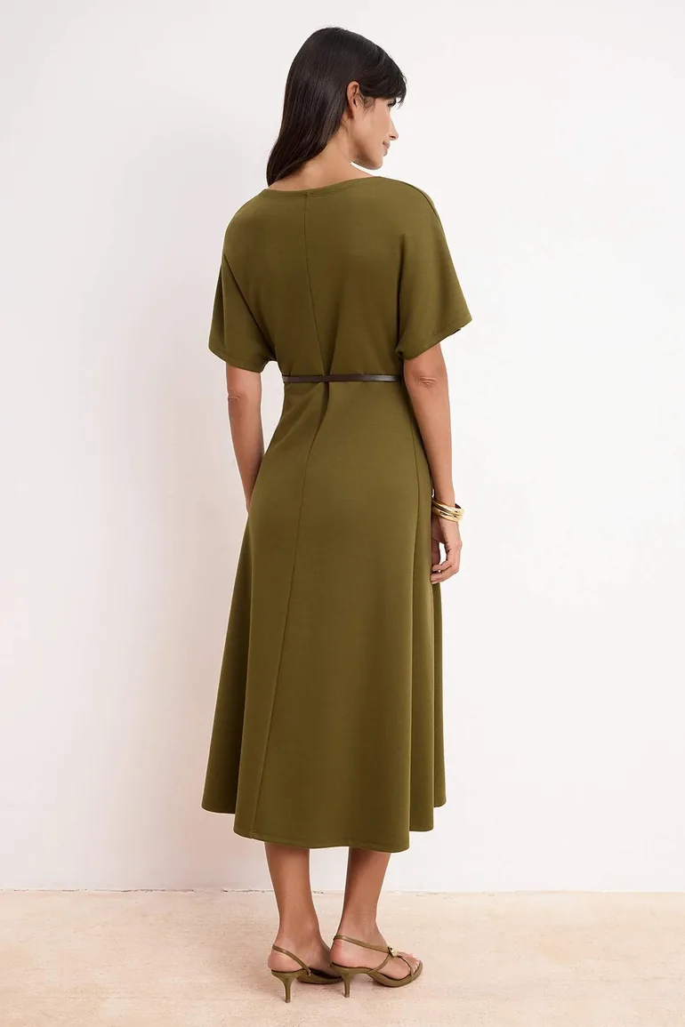 Khaki A-Line/A Bell Form Boat Neck Short Sleeve Belted Midi Interlock Knitted Dress - 3