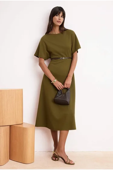 Khaki A-Line/A Bell Form Boat Neck Short Sleeve Belted Midi Interlock Knitted Dress