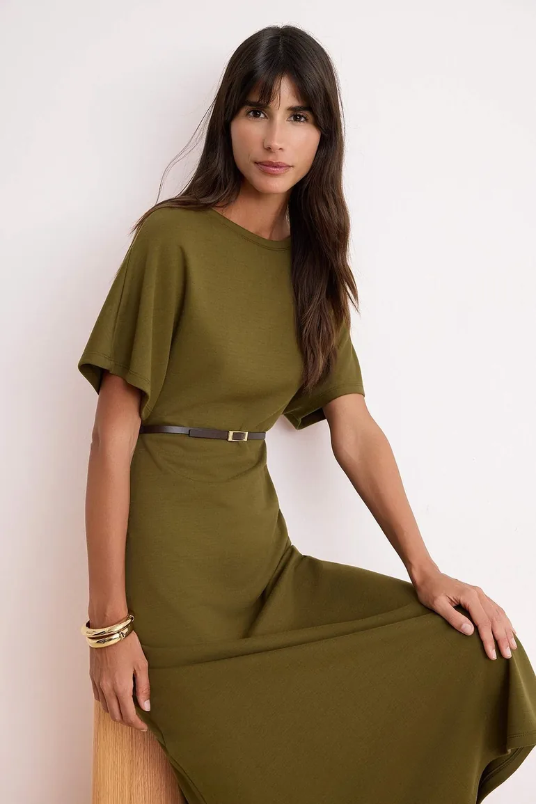 Khaki A-Line/A Bell Form Boat Neck Short Sleeve Belted Midi Interlock Knitted Dress - 1