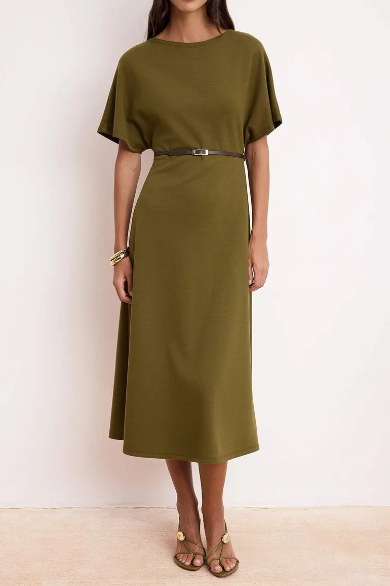 Khaki A-Line/A Bell Form Boat Neck Short Sleeve Belted Midi Interlock Knitted Dress - 2