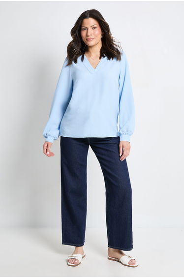 Bubble Crepe V Neck Long Sleeve Blouse