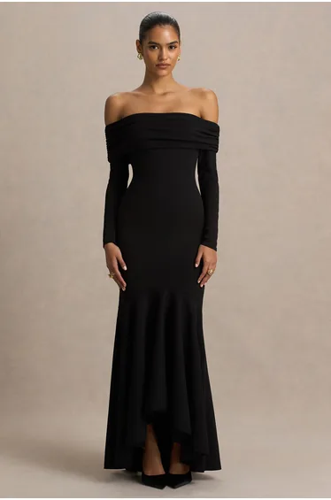 Everlasting | Black Bardot-Neck Maxi Dress With Drop Waist