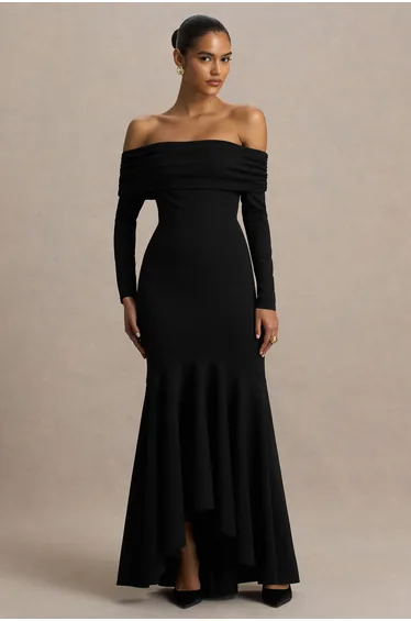Everlasting | Black Bardot-Neck Maxi Dress With Drop Waist