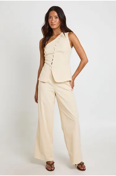 Linen Look Concealed Waistband Wide Leg Trousers - ecru