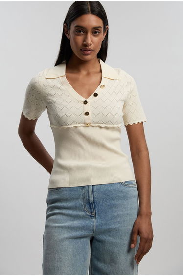 Petite Knit Stitch Detail Rib Collared Short Sleeve Top