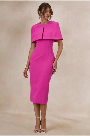 Celandia | Hot Pink Midi-Dress With Removable Cape
