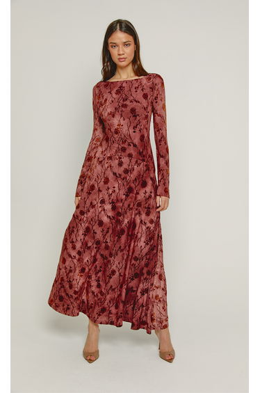 Mauve Floral Burnout Curve Maxi Dress