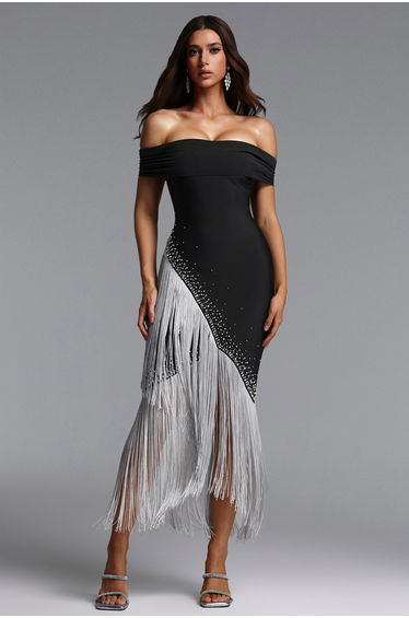 Tata Chic Contour Off Shoulder Fringe Bandage Maxi Dress