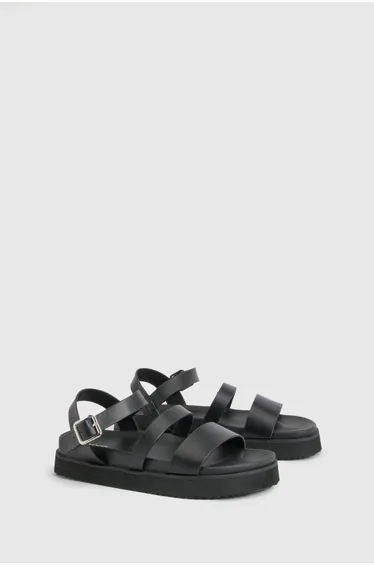 Double Strap Platform Sliders - black