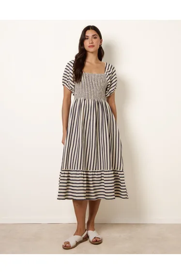 Square Neck Puff Sleeve Stripe Midi Dress