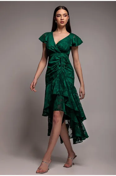 Goddiva Jacquard Chiffon Wrap High Low Midaxi Dress - Emerald Green