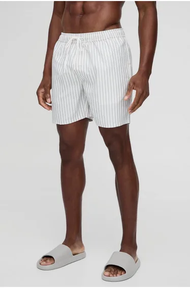 Mid Length Stripe Swim Short - grey