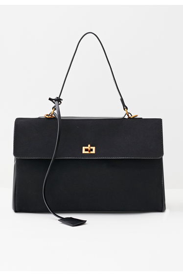 Turnlock Spliced Faux Suede Tote Bag in Black