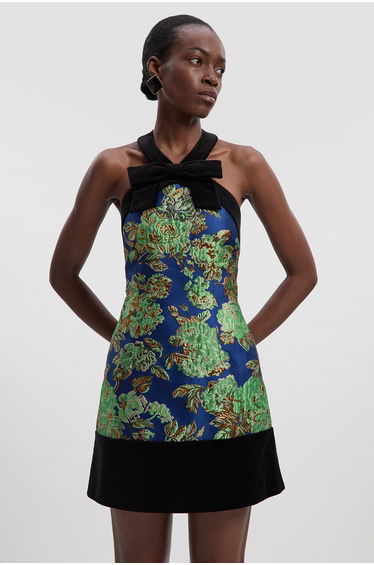 Tall Velvet And Jacquard Contrast Halterneck Tailored Mini Dress