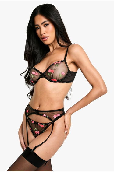 Valentines Cherry Embroidered Underwire Bra - black