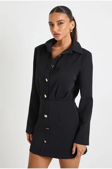 Gold Button Tailored Shirt Mini Dress