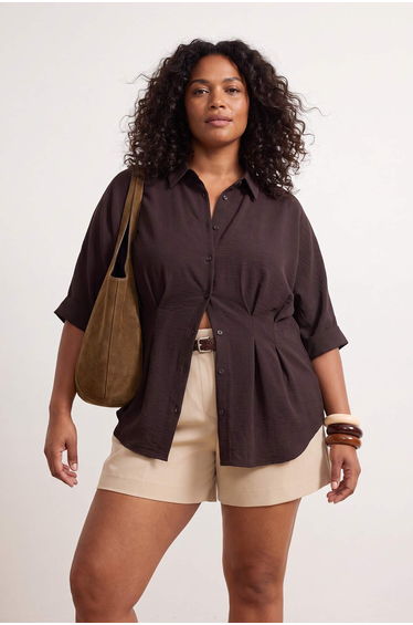Brown Soft Buttoned Waist-Fitted Pleated Plus Size Shirt