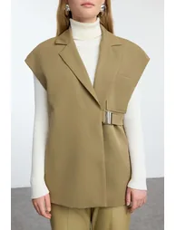 Khaki Double Breasted Closure Woven Fabric Vest with Buckle Accessories - 1