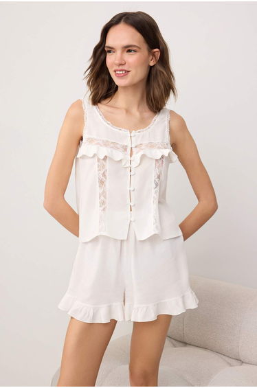 Ecru Plain Shally Woven Pajama Set