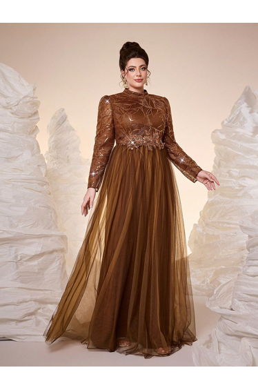 Leely Plus Women's Elegant High Neck Long Sleeve Party Dresses