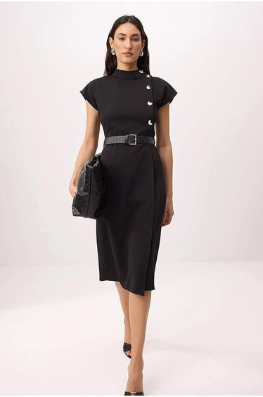 Black Belt Button Detailed Midi Woven Dress