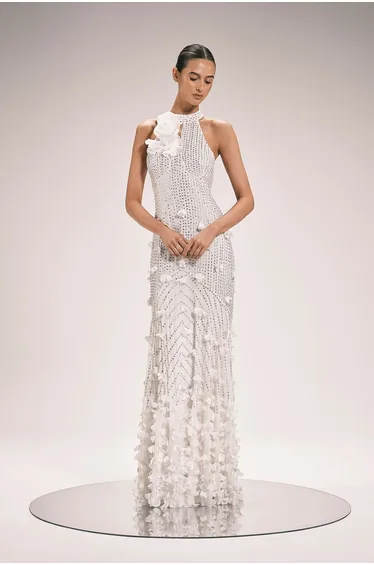 Crystal Applique Woven Maxi Rosette Maxi Dress