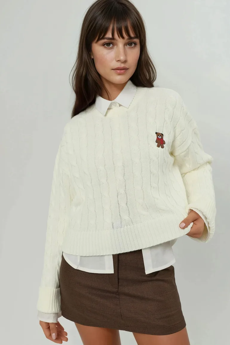 Hair Braid Knit Sweater with Embroidery - 1