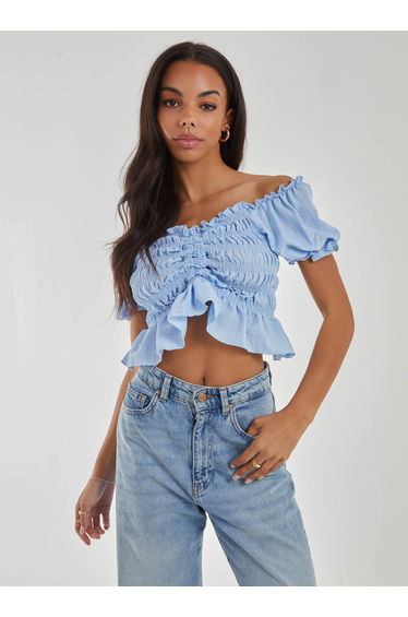 Ruched Puff Sleeve Frill Trim Top