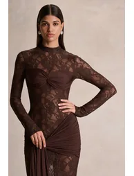 Akira | Brown Lace Maxi Dress With Sash-Detail - 4