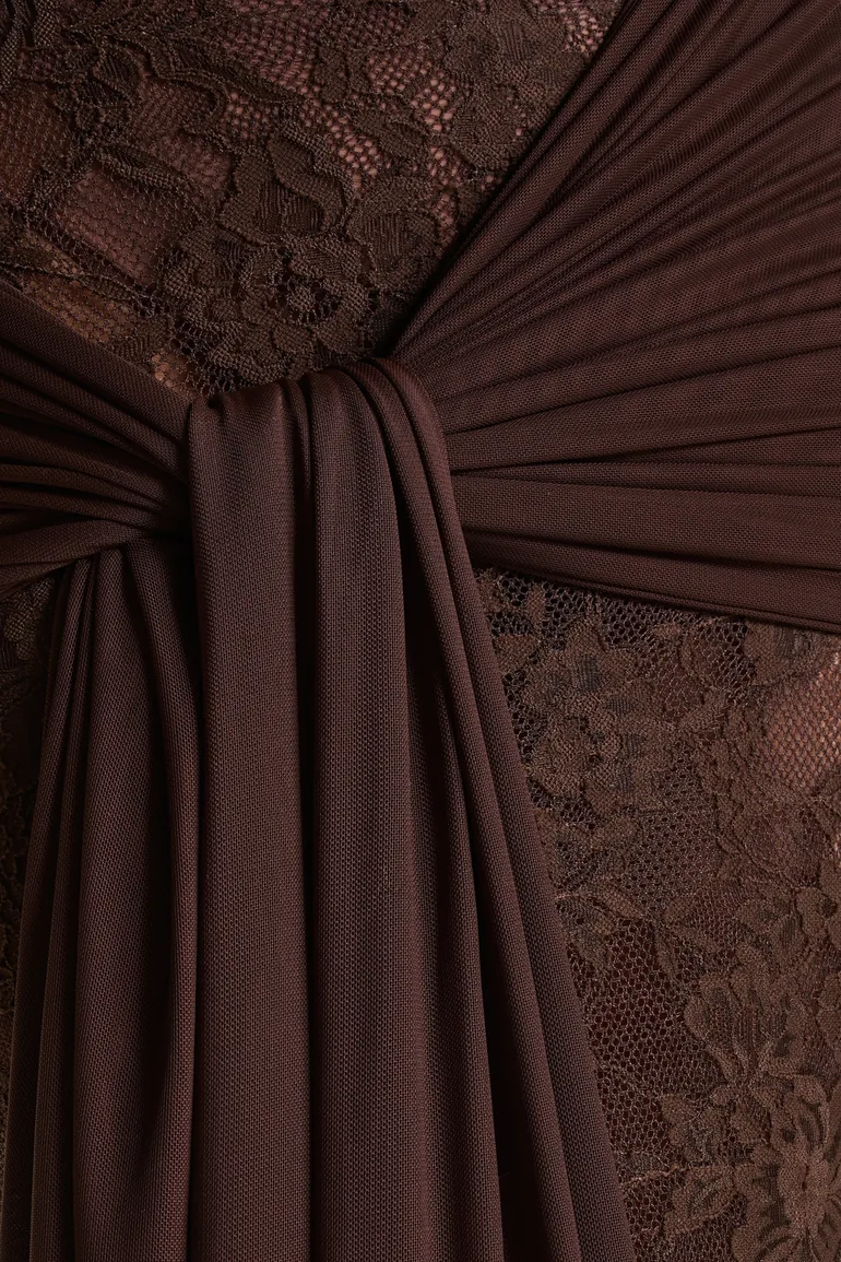 Akira | Brown Lace Maxi Dress With Sash-Detail - 5