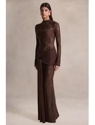 Akira | Brown Lace Maxi Dress With Sash-Detail - 3