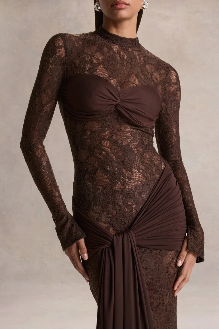 Akira | Brown Lace Maxi Dress With Sash-Detail - 2