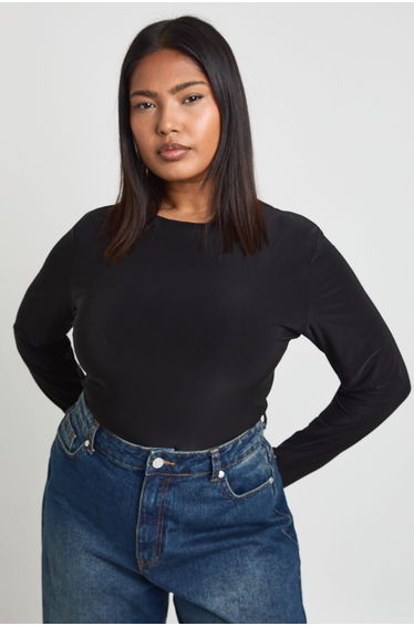 Plus Double Layer Slinky Long Sleeve Bodysuit - black
