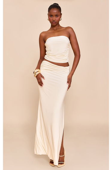 Almond Double Layer Slinky Twist Detail Maxi Skirt