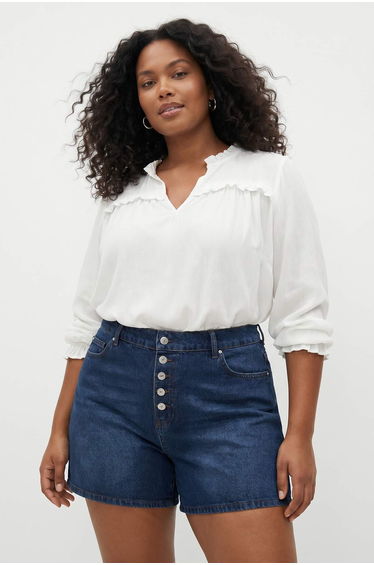 Dark Blue Button-Front High Elastic Waist Mini 100% Cotton Non-Stretch Denim Shorts