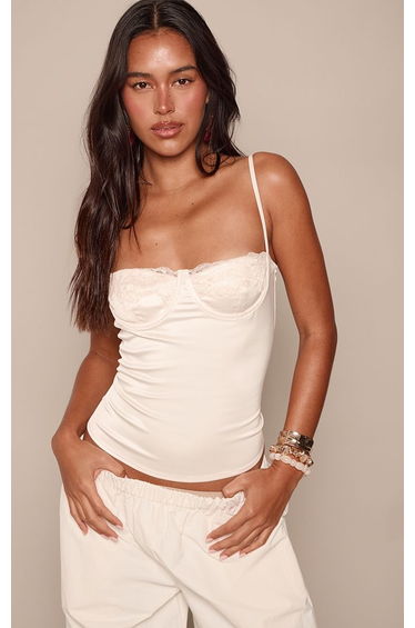 Cream Satin Lace Bust Detail Cami Top